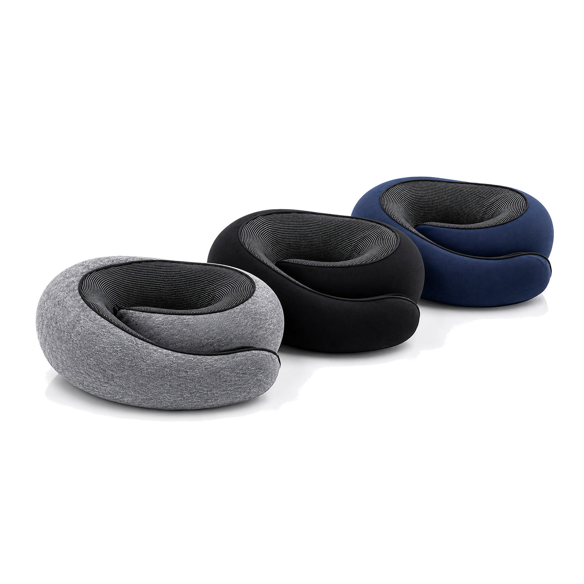Coussin de voyage Nuita 360° : les trois coloris gris, noir et bleu foncé